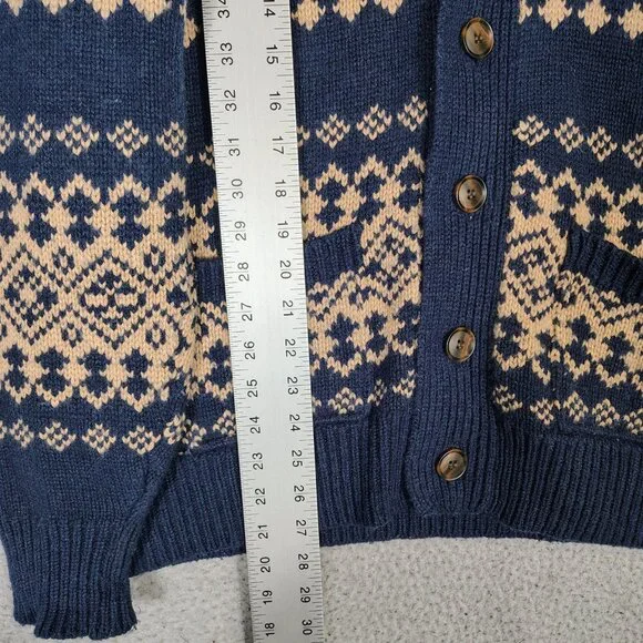 J.Crew Cardigan Sweater Mens Large Navy Beaige Fair Isle Wool Blend Button Front - Picture 9 of 11